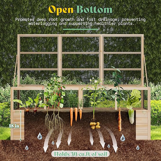 AMERLIFE Raised Garden Bed with Hinged Fencing and Trellis, 18 Inch Deepened Wood Planter Box, 2 PCS Flip-up Front Panel, Easy Assembly, Ideal for Seed Starting and Growing Vegetables & Fruits