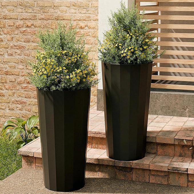 23.6" H Tall Planters for Outdoor Plants, 2 Pack Large Outdoor Planters for Porch Decor with Automatic Drainage Hole, Plastic Stripe Design Flower Pots Fits Indoor Plants Patio Garden, Black