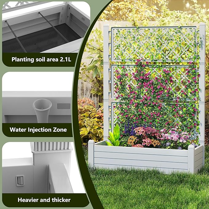 EasyUp Raised Garden Bed with Trellis for Climbing Plants, Outdoor Herb Planter Box with Drainage Plug & Water Gauge, Durable Resin for Patio, Balcony, Yard, Dust-Proof Garden Planter