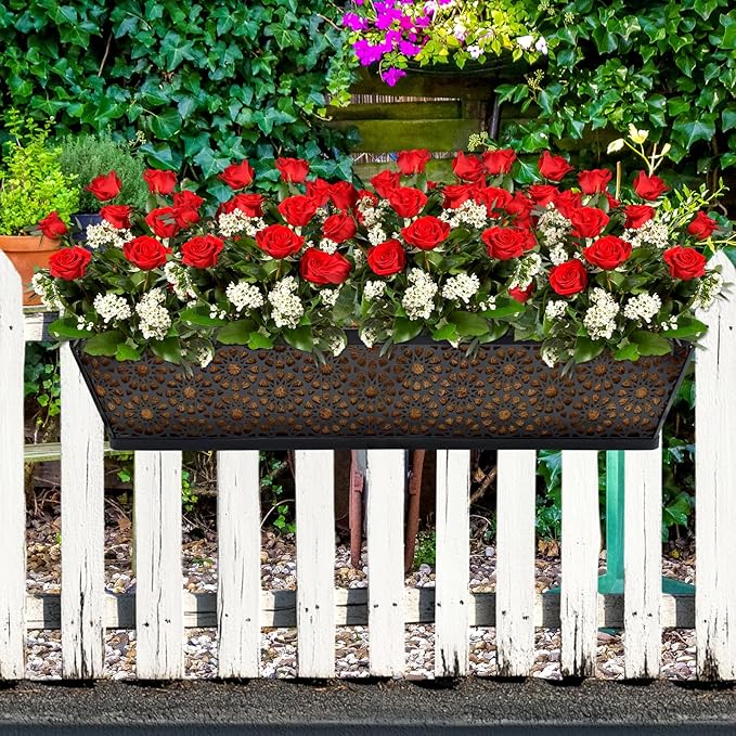 Halatool 4Pack 30 Inch Window Box with Coco Liner Sturdy Metal Railing Planter with Coconut Coir Basket Liners for Window Deck Fence Porch and Patio Outdoor Indoor Lawn