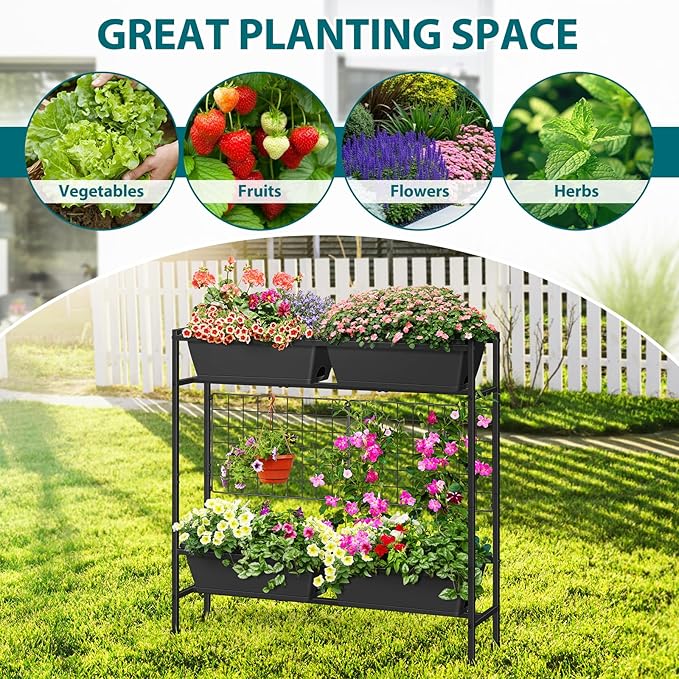 OYEAL Raised Garden Bed with Legs & Trellis, 32" Tall Vertical Garden Planter Boxes Outdoor Flower Bed for Gardening, Vegetables, Flowers, Herbs, Backyard, Grey