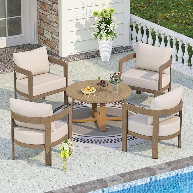 Outdoor Patio Furniture Set, 5 Pieces Modern Metal Patio Conversation Set with 6" Thick Cushions, Outdoor Lounge Sofa 350lbs for Backyard Porch Balcony, Beige