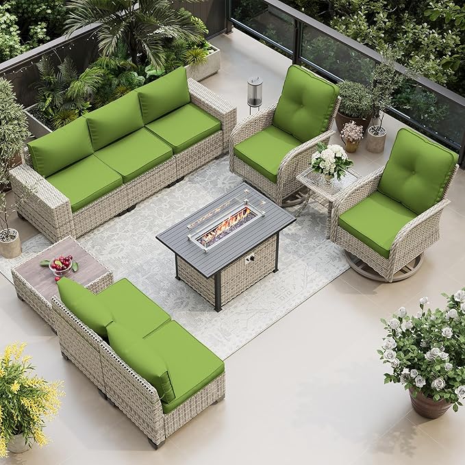 10-Piece Outdoor Patio Furniture Set with Rocking Swivel Chair, PE Wicker Rattan Sectional Sofa Patio Conversation Set with 55,000 BTU Fire Pit Table & Coffee Table, Avocado Green