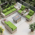 10-Piece Outdoor Patio Furniture Set with Rocking Swivel Chair, PE Wicker Rattan Sectional Sofa Patio Conversation Set with 55,000 BTU Fire Pit Table & Coffee Table, Avocado Green