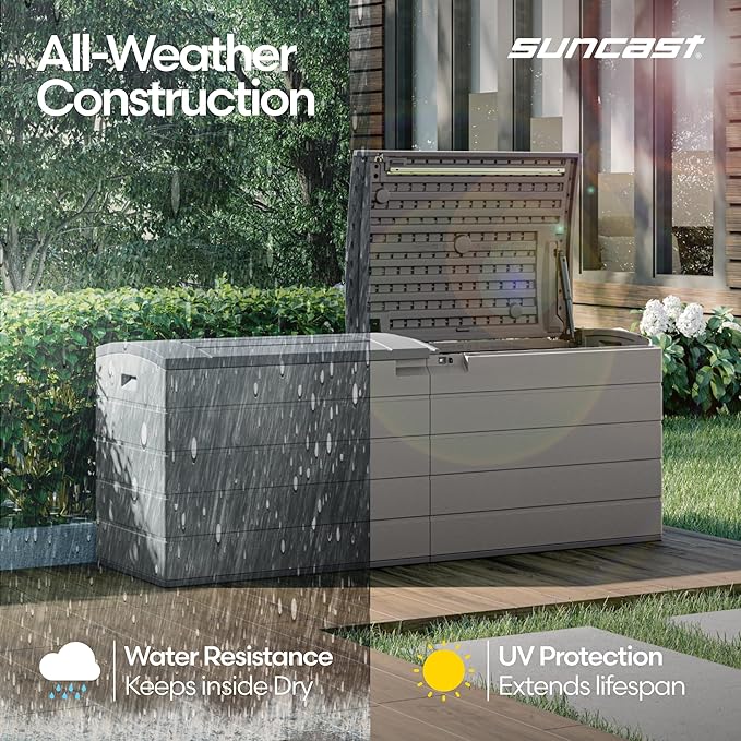 Suncast 120 Gallon Deck Box - Resin Outdoor Storage Box for Patio Cushions, Pool Accessories, & Garden Tools, Lockable Outdoor Storage Bin with Split Lid, Extra Large Dove Gray Outside Container
