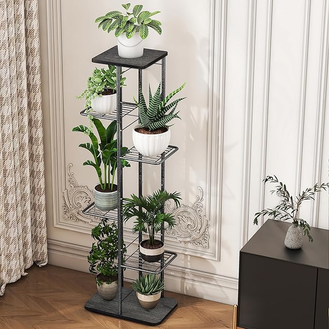 Simple Trending Plant Stand Shelf Indoor Outdoor Waterproof, 6-Tier 7 Potted Heavy Duty Metal Tall Flower Holder for Multiple Corner Display
