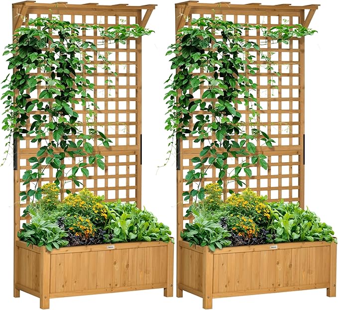 Outsunny Wood Planter with Trellis, Raised Garden Bed for Climbing Plants with Drainage Holes and Roof, 35.5 x 17.75 x 72 Inch, Pack of 2, Yellow