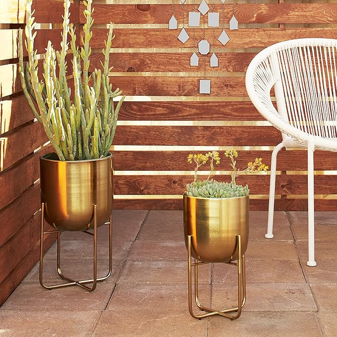 Deco 79 Metal Indoor Outdoor Planter Brushed Dome Large Planter Pot with Curved X-Shaped Bases, Set of 2 Planters 16", 13"H, Gold