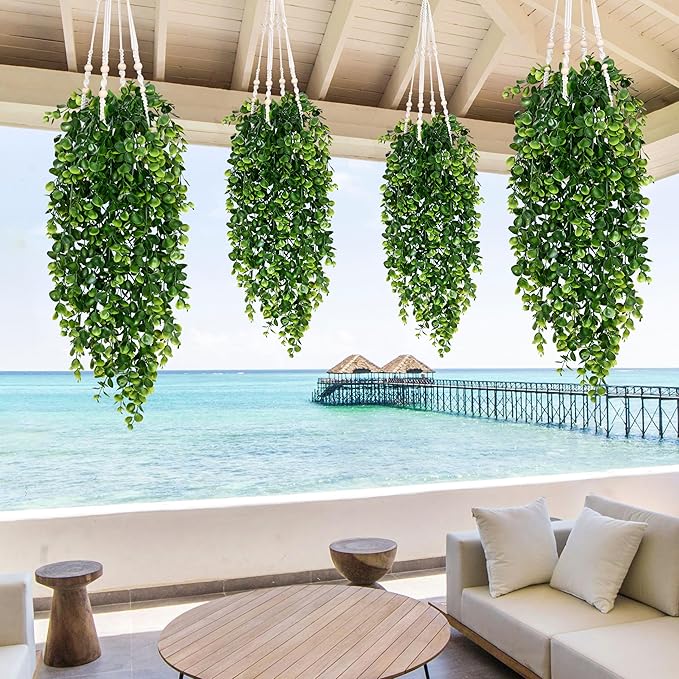 Waipfaru 4Pcs Fake Hanging Plants 2.7ft Fake Plants Eucalyptus Leaves UV Resistant Fake Vines Ivy Artificial Plants Outdoor Faux Plants Indoor Bedroom Living Room Boho Wall Porch Shelf Decor