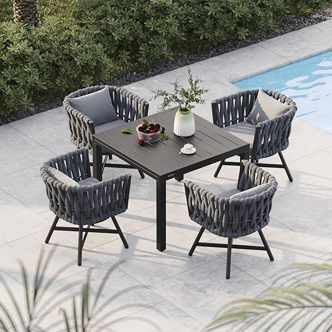 Grand patio 5-Piece Outdoor Dining Set for 4, Patio Dining Furniture Set for 4 Swivel Rope Wicker Chairs & 1 Expandable Rectangular Dining Table, Dark Gray