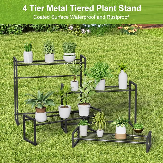 Plant Stand, 4 Tier Stackable Tiered Plant Stand, Scalable Heavy Duty Tall Plant Shelf for Indoor Outdoor, Garden, Display Shelves, Flower Pot Holder, Black