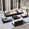 Jing's Villa 9-Piece Patio Furniture Set, All-Weather Outdoor Wicker Sectional Sofa with Cushions, Tempered Glass Table & Ottoman, Rattan Conversation Seating for Porch, Garden, Backyard,Beige