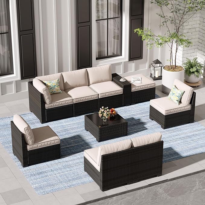 Jing's Villa 9-Piece Patio Furniture Set, All-Weather Outdoor Wicker Sectional Sofa with Cushions, Tempered Glass Table & Ottoman, Rattan Conversation Seating for Porch, Garden, Backyard,Beige