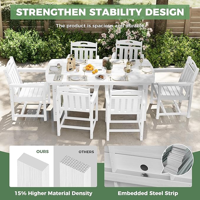 HDPE Outdoor Patio Dining Set with Table & 6 Chairs, All-Weather 7-Piece Outdoor Table and Chairs, 2" Umbrella Hole, Patio Furniture for Garden, Backyard, Deck | White