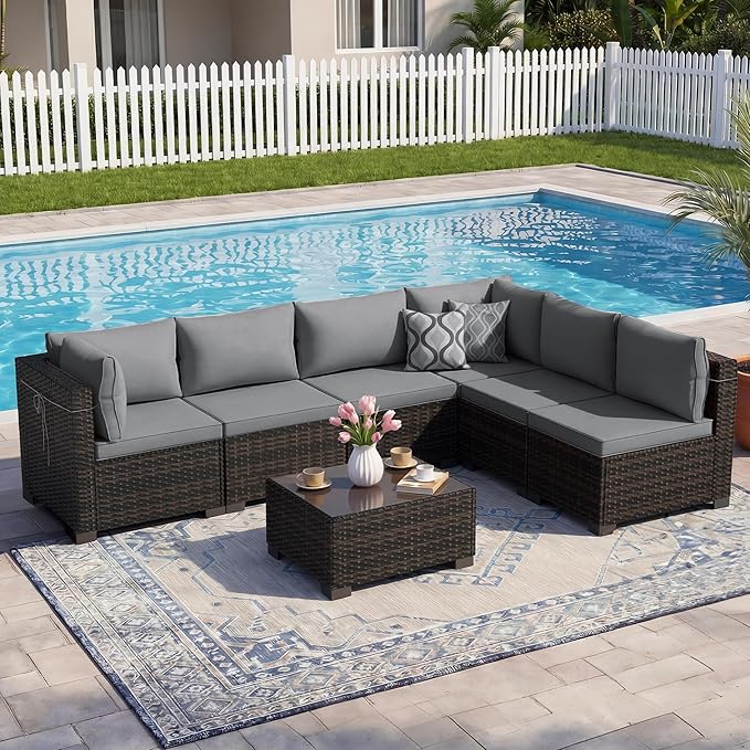 LEVELEVE 7 Pieces Outdoor Patio Furniture Sets,Rattan Conversation Sectional Set,Manual Weaving Wicker Patio Sofa with Tea Table