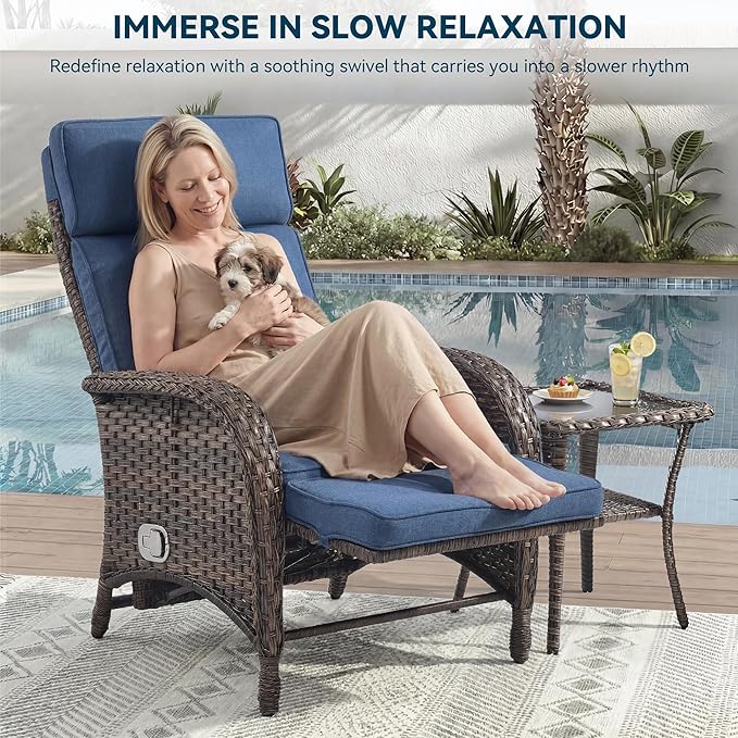 Zero Gravity Wicker Patio Recliner Chairs Set of 2 - Wicker Outdoor Lounge Chair with Adjustable Backrest & Footrest, All Weather Outdoor Reclining Chairs with Thick Cushion for Pool Deck Blue