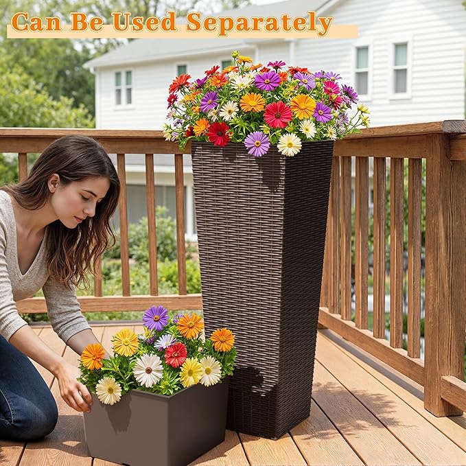 Greesum 32 Inch Tall Plastic Planters with Rattan Texture – Set of 2, Detachable Inner Pot & Drainage Holes, Indoor/Outdoor Decorative Flower Pots for Large Plants, Trees, Patio, and Garden, Brown