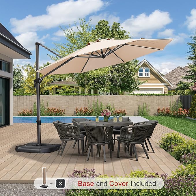 PURPLE LEAF 11 Feet Patio Umbrella with Base and Cover Round Outdoor Cantilever Umbrella Aluminum Offset Umbrella with 360-degree Rotation for Garden Deck Pool Patio Beige
