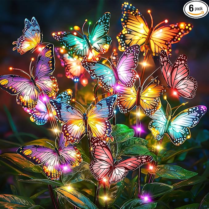 Solar Lights Outdoor Garden Decor: 6 Pack 102 Silk Butterflies with 132 Color-Changing LEDs - Auto On/Off 12H Magical Lighting IP65 Waterproof for Yard Patio Pathway - Unique Gifts for Mom Grandma