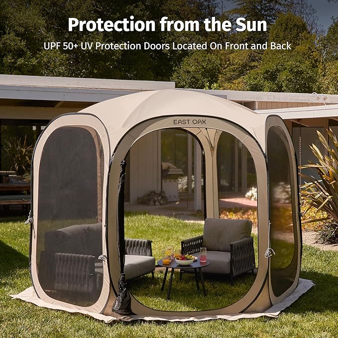 East Oak Screen House Tent Pop-Up, Portable Screen Room Canopy Instant Screen Tent 10 x 10 FT with Carry Bag for Patio, Backyard, Deck & Outdoor Activities, Beige