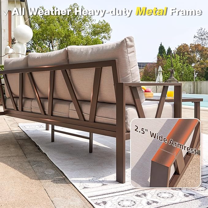 Outdoor Patio Furniture Set, 4 Pieces Metal Patio Furniture Set with Coffee Table, Modern Outdoor Conversation Seating with 6.5" Thick Cushions, Beige