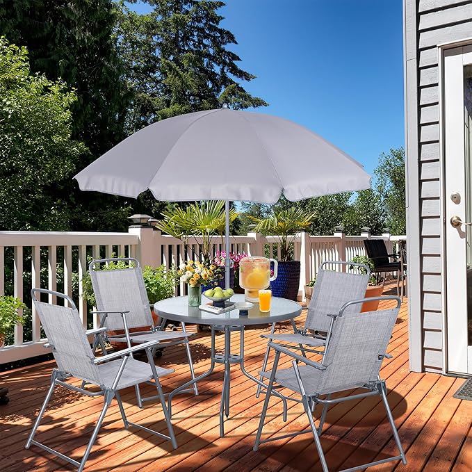 Vongrasig 6 Pieces Folding Patio Dining Set, All Weather Small Metal Outdoor Table and Chair Set, Garden Patio Furniture Set w/Umbrella, Glass Table & 4 Folding Chairs for Lawn, Backyard, Silver