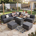 NICESOUL 10 Piece Contemporary Patio Furniture Set with Firepit Table Natural Gas/Propane, 29.3'' High Backrest Outdoor Sofa Conversations, 9 Seats Deep Wide Seating Wicker Sectionals, Dark Gray