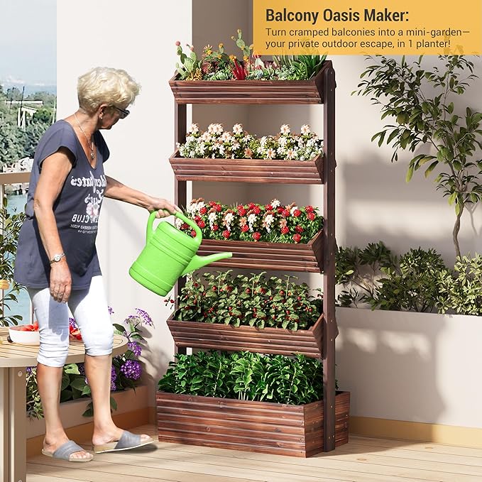 Vertical Wooden Raised Garden Bed Planters Wood Planter Kit Plant Stand Flower Rack Planter Box Gardening Plants Herbs Flowers Vegetables Outdoor Indoor Freestanding (Carbonized 5-Tier)