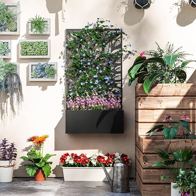 Outsunny Metal Raised Garden Bed with Trellis for Climbing Plants, Freestanding or Wall Mounted Flower Bed with Privacy Panel, Small Leaves Cut-Outs Outdoor Planter Box for Garden, Patio, Balcony