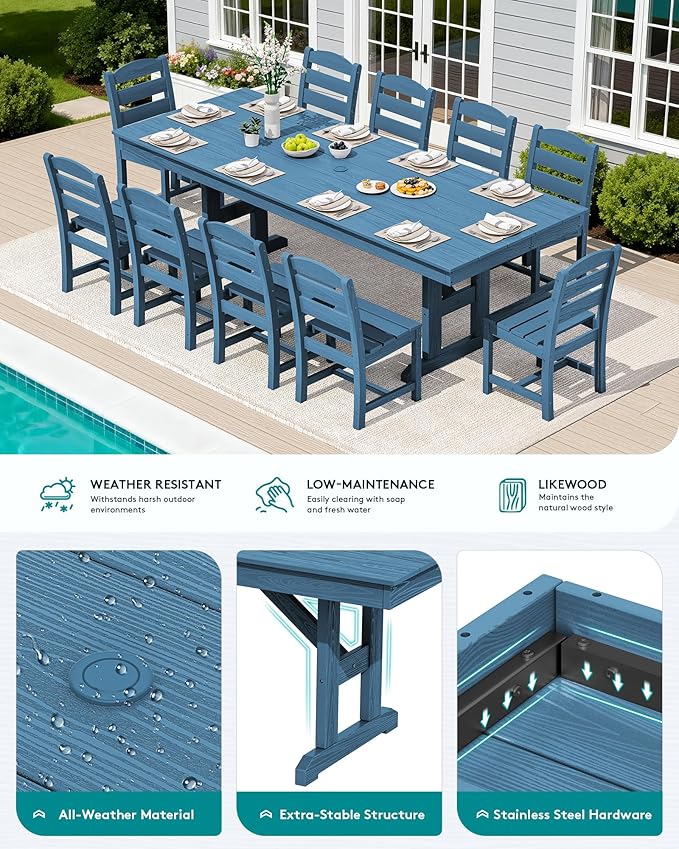 SERWALL 11 Piece Outdoor Dining Set, 84" HDPE Outdoor Table and Chairs for 10，All Weather Patio Furniture Set with Umbrella Hole for Backyard, Garden, Blue