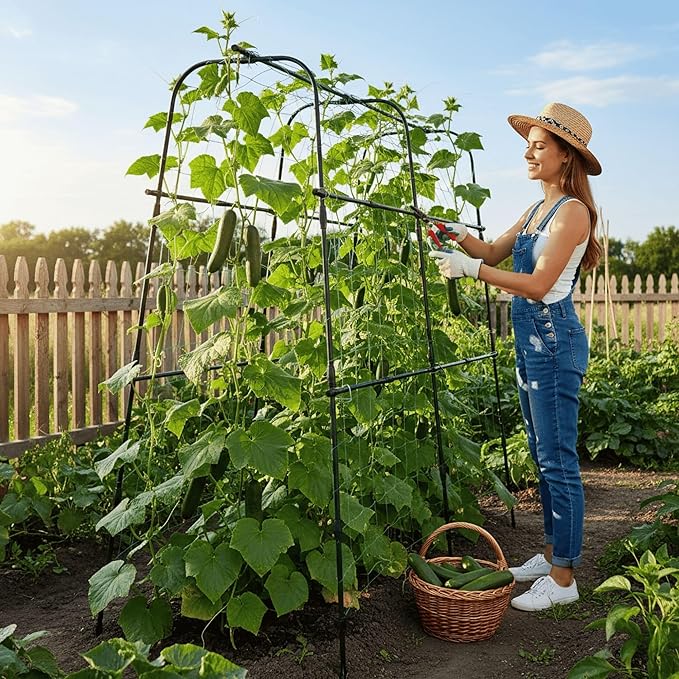 Cucumber Trellis Arch 5.3FT Black PP Coated Stainless Steel Garden Arch Trellis for Climbing Plants Outdoor, Garden Vegetable Trellis for Climbing Plants with Netting