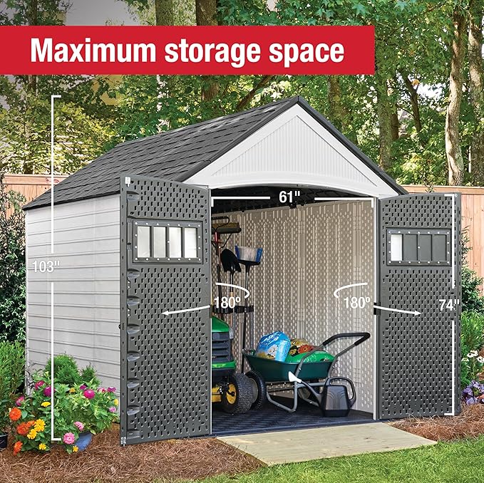 Rubbermaid Resin Outdoor Storage Shed With Floor (7 x 10.5 Ft) Weather Resistant, White, Organization for Home/Backyard/Garden Tools/Lawn Mower/Bike Storage/Pool Supplies