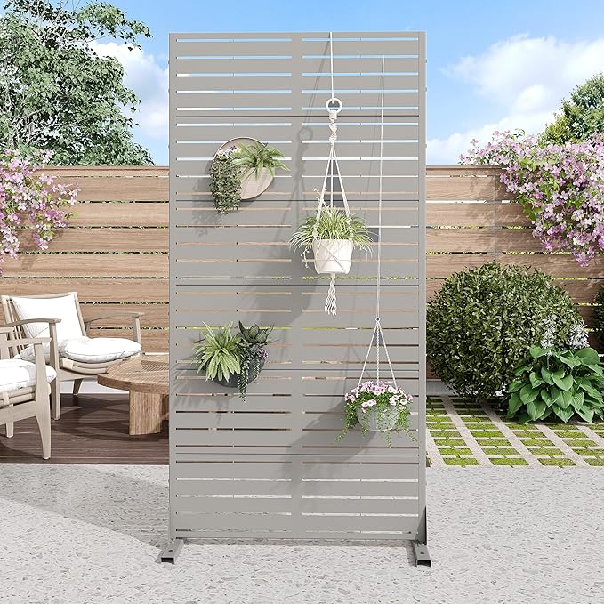 Casaphoria Metal Privacy Screen Outdoor, 72" H x 35" W Freestanding Decorative Privacy Screen for Patio Deck Balcony Garden with Stable Base, Grey-Louvered