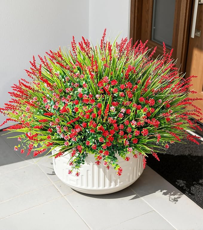 HyeFlora 20 Bundles Artificial Fake Outdoor Plants Flowers for Spring Decoration, UV Resistant Realistic Red Plastic Flowers Faux Plant Monkey Grass for Planter Home Garden Porch Patio Window Box