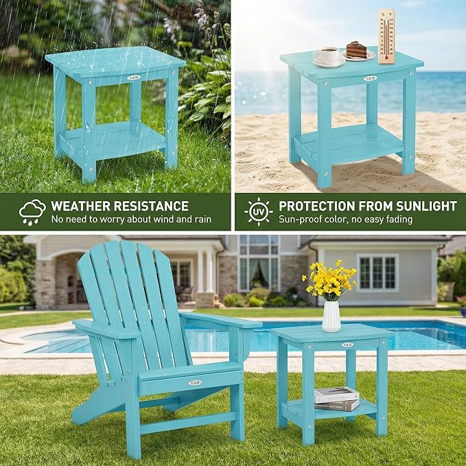 Y&M Outdoor Side Table, HIPS Adirondack Small Double Layer Table, Waterproof Square Outside Table, Balcony End Tables for Patio, Pool, Porch, Deck, Indoor or Outdoor Use, Light Blue