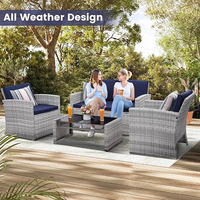 4-Piece Patio Furniture Set, Wicker Outdoor Rattan Sectional Sofa with Cushions and Glass Table, All-Weather Outdoor Conversation Set, Ideal for Garden, Porch, Backyard, Navy