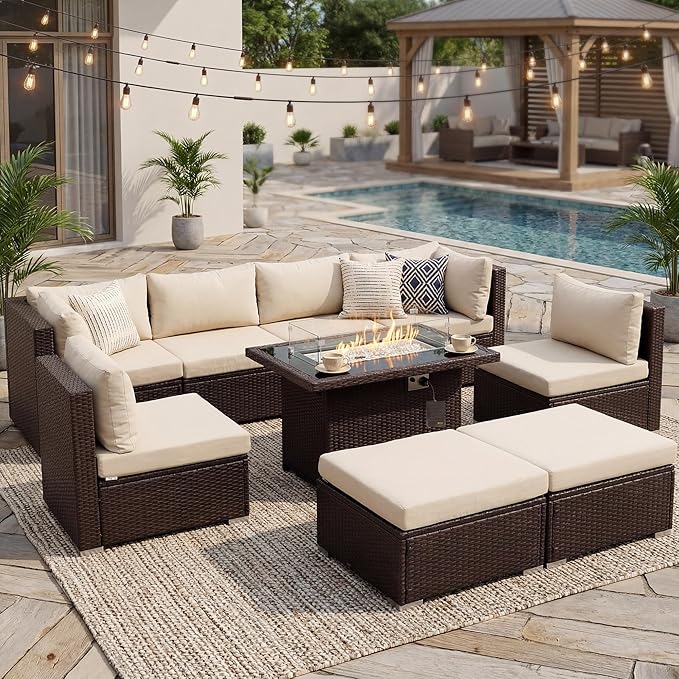 NICESOUL 29.3'' High Back Outdoor Patio Sectional Furniture with Firepit Table Natural Gas & Propane Convertible, 8 Seater Deep Wide Modern Couch, Extra Large Wicker Conversations for Backyard, Brown