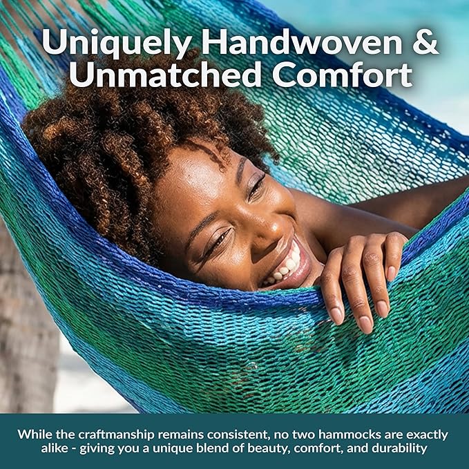 Sunnydaze Handwoven XXL Thick Cord Mayan Double Hammock for Outside - 625-Pound Capacity Heavy-Duty Outdoor Hammock - Tropical Lagoon