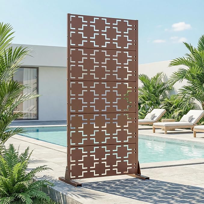 Casaphoria Metal Privacy Screen Outdoor, 60" H x 30" W Freestanding Decorative Privacy Screen for Patio Deck Balcony Garden with Stable Base, Brown-Square