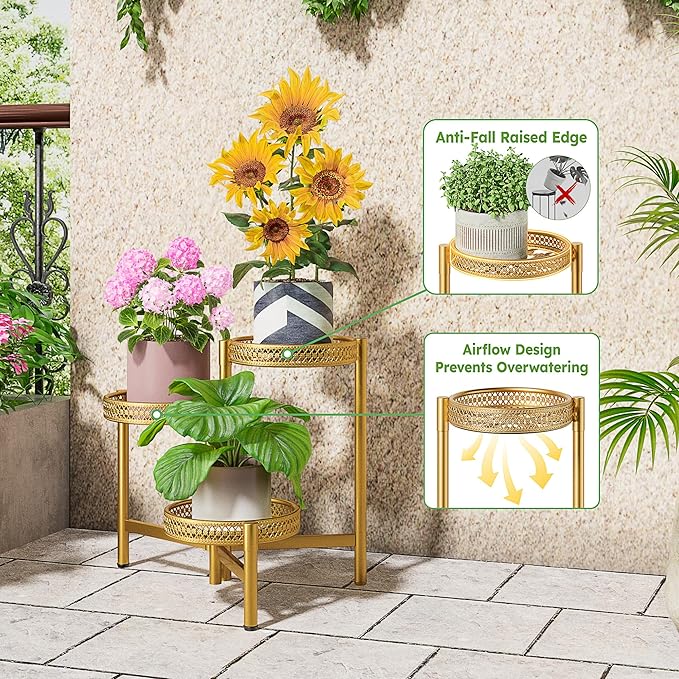 Metal Plant Stand Indoor Outdoor, 3 Tier Corner Tall Plant Shelf for Multiple Plants, Tiered Plant Stand, Heavy Duty Flower Holder, Folding Tall Rack for Garden Patio Balcony - GoldWave
