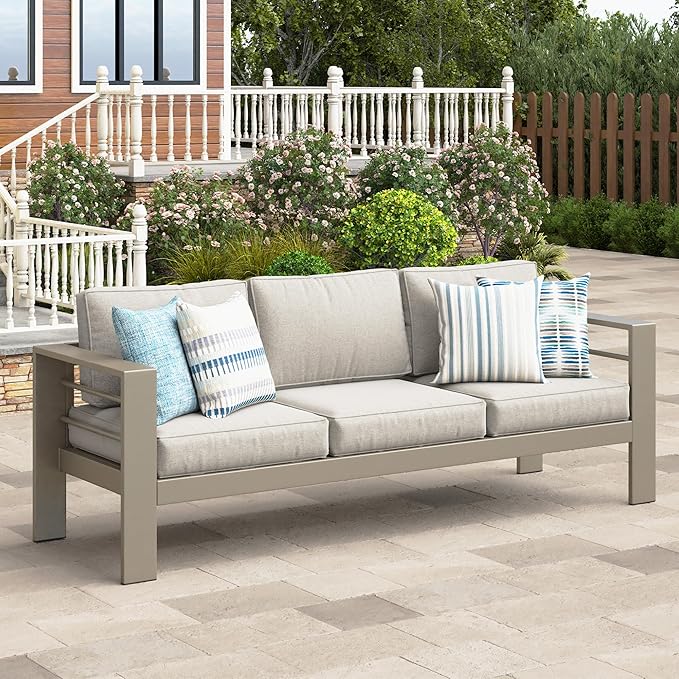 Wisteria Lane Patio Furniture Metal Sofa, Metal Outdoor Chairs with Upgraded Cushions, All-Weather Outdoor 3 Seats Sofa Couch for Balcony, Garden, Deck, Backyard, Khaki