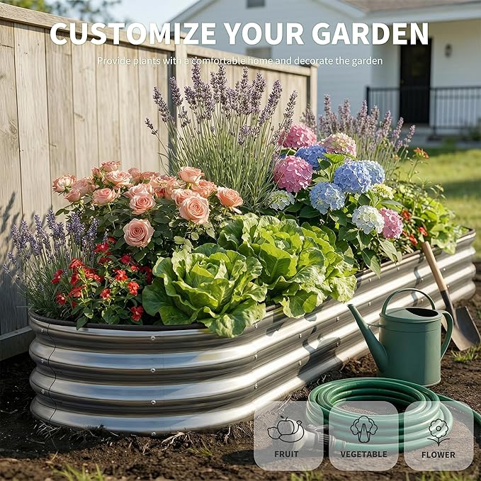Galvanized Metal Raised Garden Bed Kit for Outdoor Planter Boxes with Easy Assembly,Oval Large Galvanized Gardening Raised Bed for Vegetables, Fruits, Flower (Silver, 8 * 2 * 1ft)