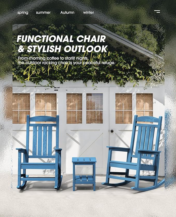 KINGYES HDPE Patio Rocking Chair Set of 2, Outdoor Rocking Chairs Porch Rocker for Adults, Navy