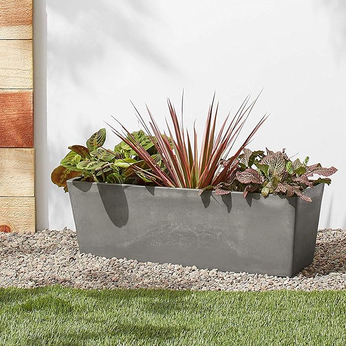 Arcadia Garden Products U65CT Plastic/Stone/Wood Composite Simplicity Window Box, No Drainage Hole (Drillable), Patio Plant Container, Indoor Outdoor Planter, 25.5" x 9, Cement Color