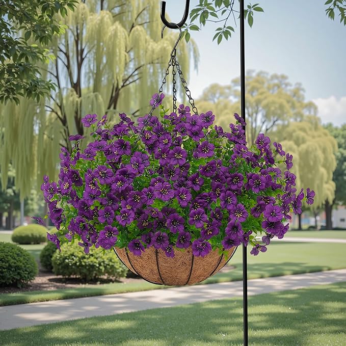 Artificial Faux Hanging Plants Flowers Basket for Outdoors Spring Summer Decoration, Hanging Planters with Fake Silk Flowers UV Resistant Realistic for Outside Porch Patio Balcony Garden Home （Purple）