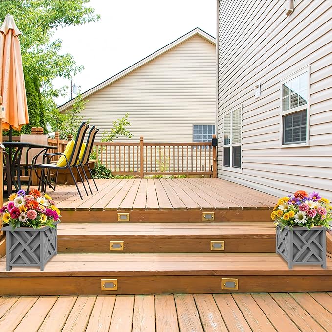 Lattice Design Outdoor Planter Box 2-Pack - 14.75” Square 13” Tall Gray Decorative Plant Pots for Front Porch Decor - Flower Pots Outdoor Planters for Porch Patio or Garden Decor by Pure Garden