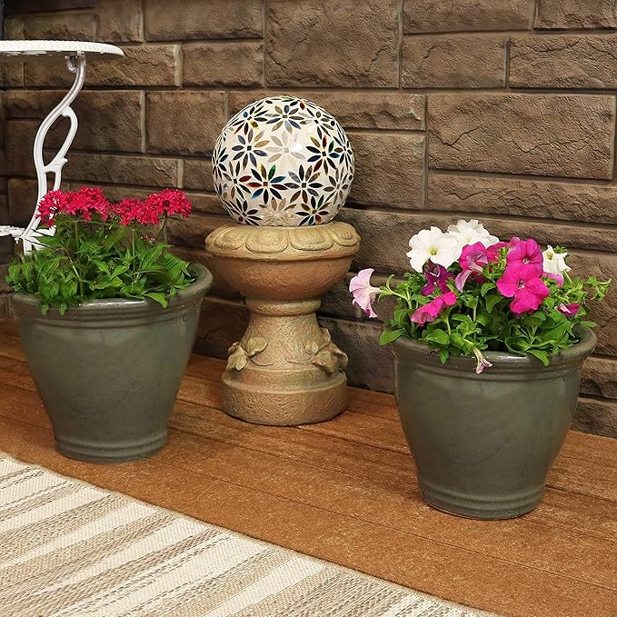 Sunnydaze Round Ceramic Planter - Set of 2 Indoor or Outdoor Plant Pots with Drainage Hole - Studio - 11" - Gray Glaze