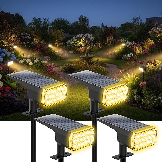 Solar Lights Outdoor Waterproof, 3 Lighting Modes Solar Spot Lights Outdoor, LED Solar Spotlights, Ultra Bright Dusk-to-Dawn Uplights for Garden, Landscape, Yard, Pathway, IP65, Auto On/Off