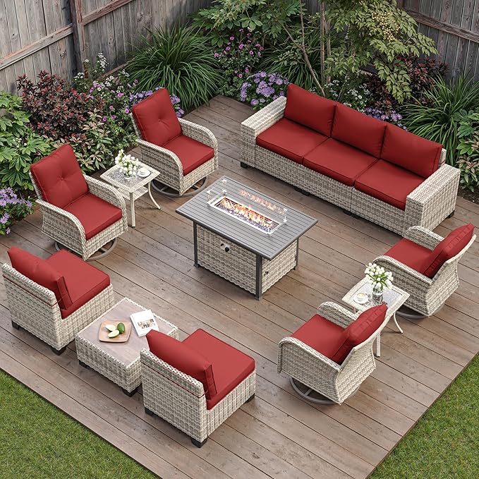 13-Piece Outdoor Patio Furniture Set with Rocking Swivel Chair, PE Wicker Rattan Sectional Sofa Patio Conversation Set with 55,000 BTU Fire Pit Table & Coffee Table, Red