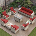 13-Piece Outdoor Patio Furniture Set with Rocking Swivel Chair, PE Wicker Rattan Sectional Sofa Patio Conversation Set with 55,000 BTU Fire Pit Table & Coffee Table, Red